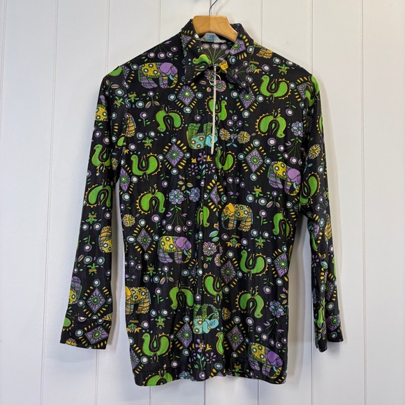 Vintage Lady Marion Women 70s Psychedelic Elephant 1/4 Zip Top Size M Artsy Boho